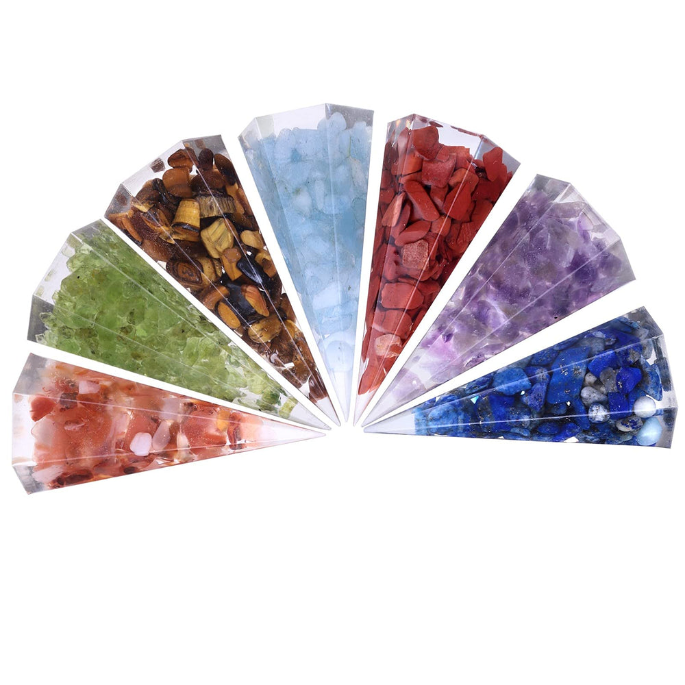 Amogeeli 7 chakra orgone crystal cone set on desk enhances meditation ambience