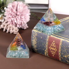 Amogeeli aquamarine pyramid closeup showcases craftsmanship and positive vibes in home decor