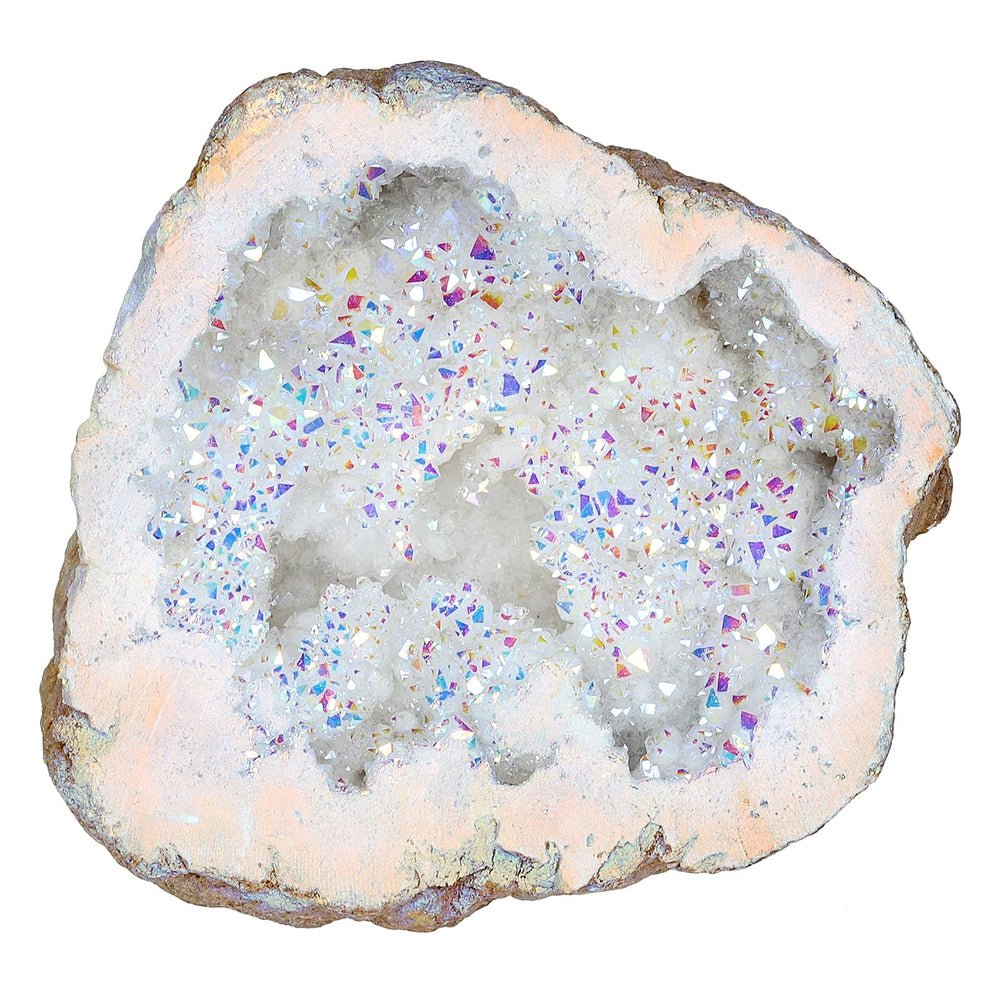 Amogeeli irregular titanium-coated crystal geode cluster on desk for calm ambiance.