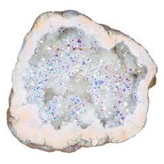 Amogeeli irregular titanium-coated crystal geode cluster on desk for calm ambiance.