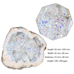 Amogeeli titanium-coated geode closeup highlighting vibrant color reflections.
