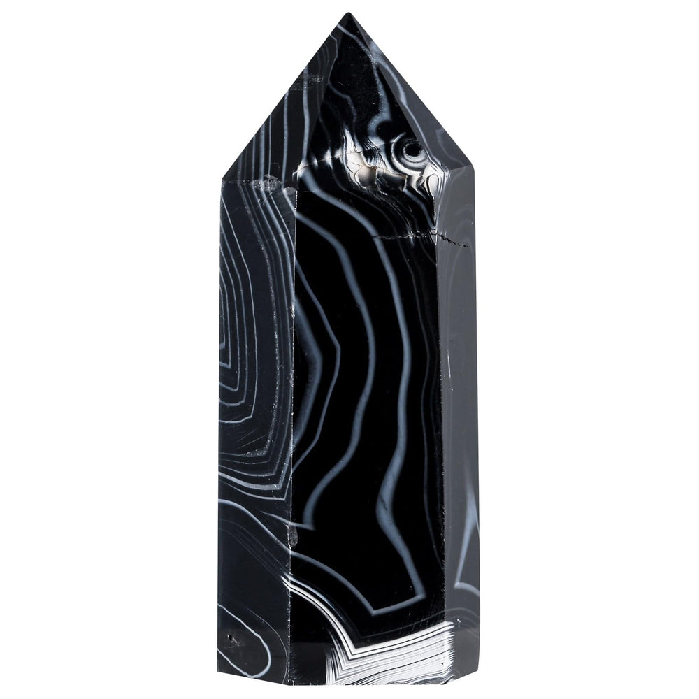 Amogeeli striped black agate crystal points tower enhances decor with calming energy.