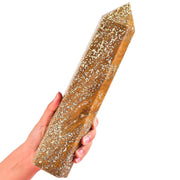 AMOYSTONE large yellow Ocean Jasper wand, front view, enhances meditation ambiance and visual appeal.