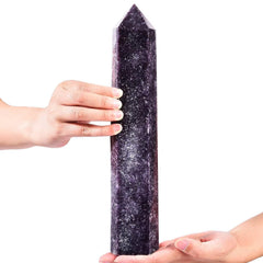 AMOYSTONE Lepidolite wand glows lilac, ideal for calming environments.
