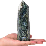 AMOYSTONE Moss Agate wand closeup with green banding for meditative focus