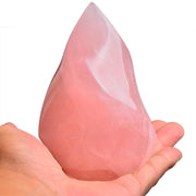 AMOYSTONE Rose Quartz Flame Tower, front view, enhances peaceful energy for meditation and home display.