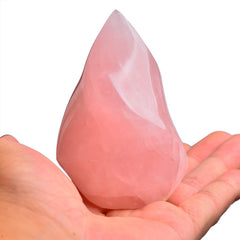 AMOYSTONE Rose Quartz Flame Tower side view highlights natural beauty and energy focus.
