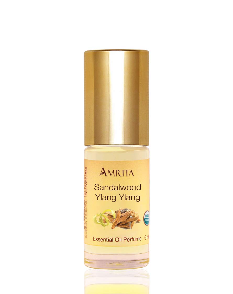 AMRITA Aromatherapy sandalwood-ylang-ylang perfume bottle for grounding relaxation and sensory ritual.