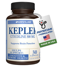 AMVILAB Kepler bottle displays 30 capsules for daily cognitive support.
