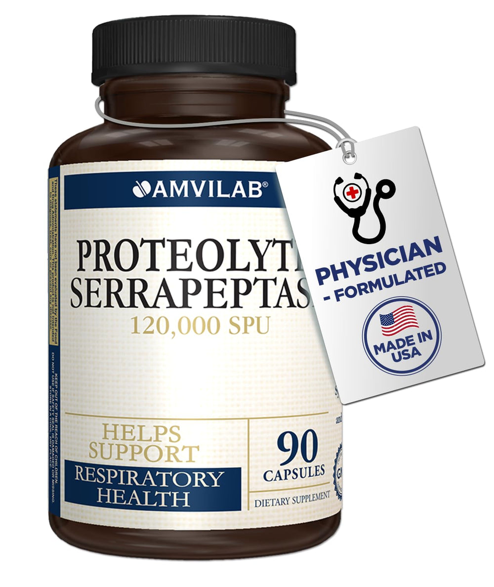 AMVILAB Serrapeptase capsules on bottle, may support inflammation management.