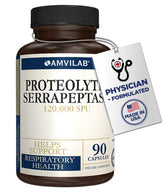 AMVILAB Serrapeptase capsules on bottle, may support inflammation management.