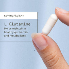 Label view of Amy Myers MD L-Glutamine Capsules highlighting gluten-free, dairy-free formula.