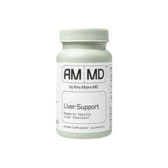 Amy Myers MD Liver Support bottle label highlights detox-friendly nutrients for antioxidant support.