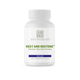 Amy Myers MD Rest and Restore bottle on white backdrop for peaceful sleep support.