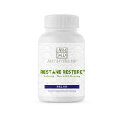 Amy Myers MD Rest and Restore bottle on white backdrop for peaceful sleep support.