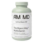 Amy Myers MD The Myers Way Multivitamin bottle front with gluten-free, iron-free formula.