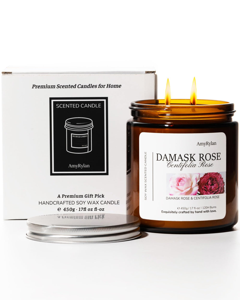 AMYRYLAN damask-rose candle in jar for elegant ambiance and floral aroma.