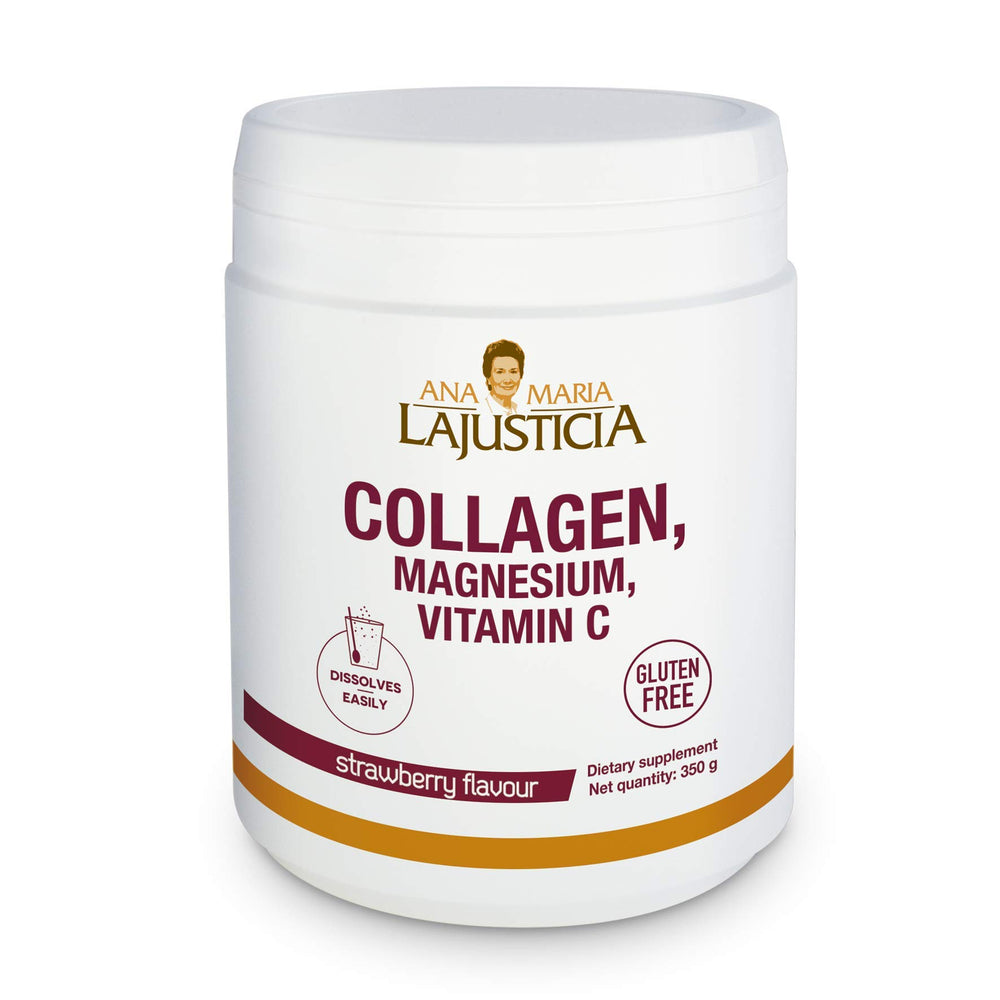 Ana Maria Lajusticia Hydrolisate Collagen Powder bottle pour, strawberry flavor enhancing hydration and joint health