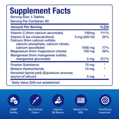 Ingredients panel highlights four calcium forms and essential minerals for bone health.