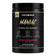 Anabolic Warfare Maniac powder tub in Fruit Explosion flavor for energized workouts.