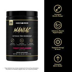 Anabolic Warfare Maniac label closeup showing ingredient panel and caffeine content.