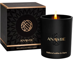 ANAWBE Mallorca candle close-up shows leather notes with cherry sweetness.