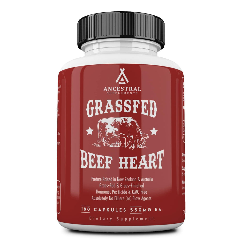 Ancestral Supplements Beef Heart bottle front showing 3300 mg per serving for daily vitality.