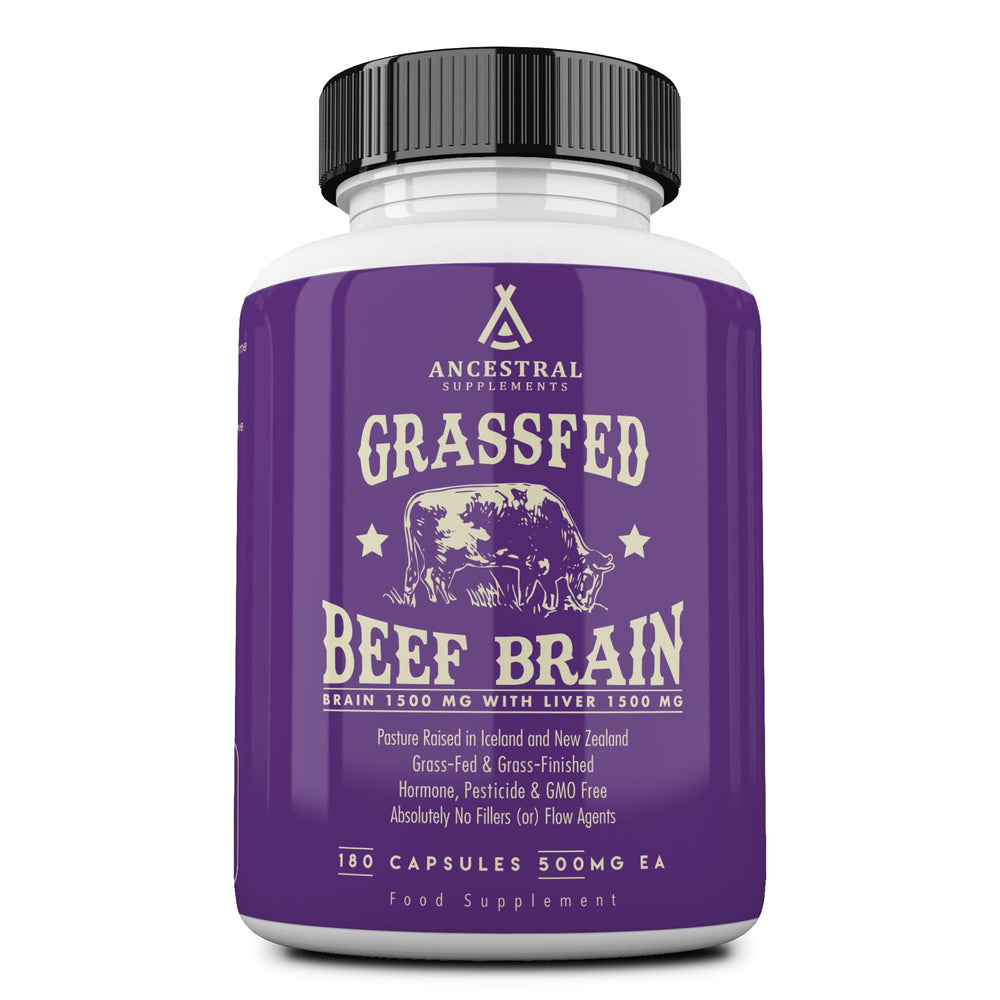 Ancestral Supplements Brain and Liver capsules bottle on a wooden surface for daily brain support.