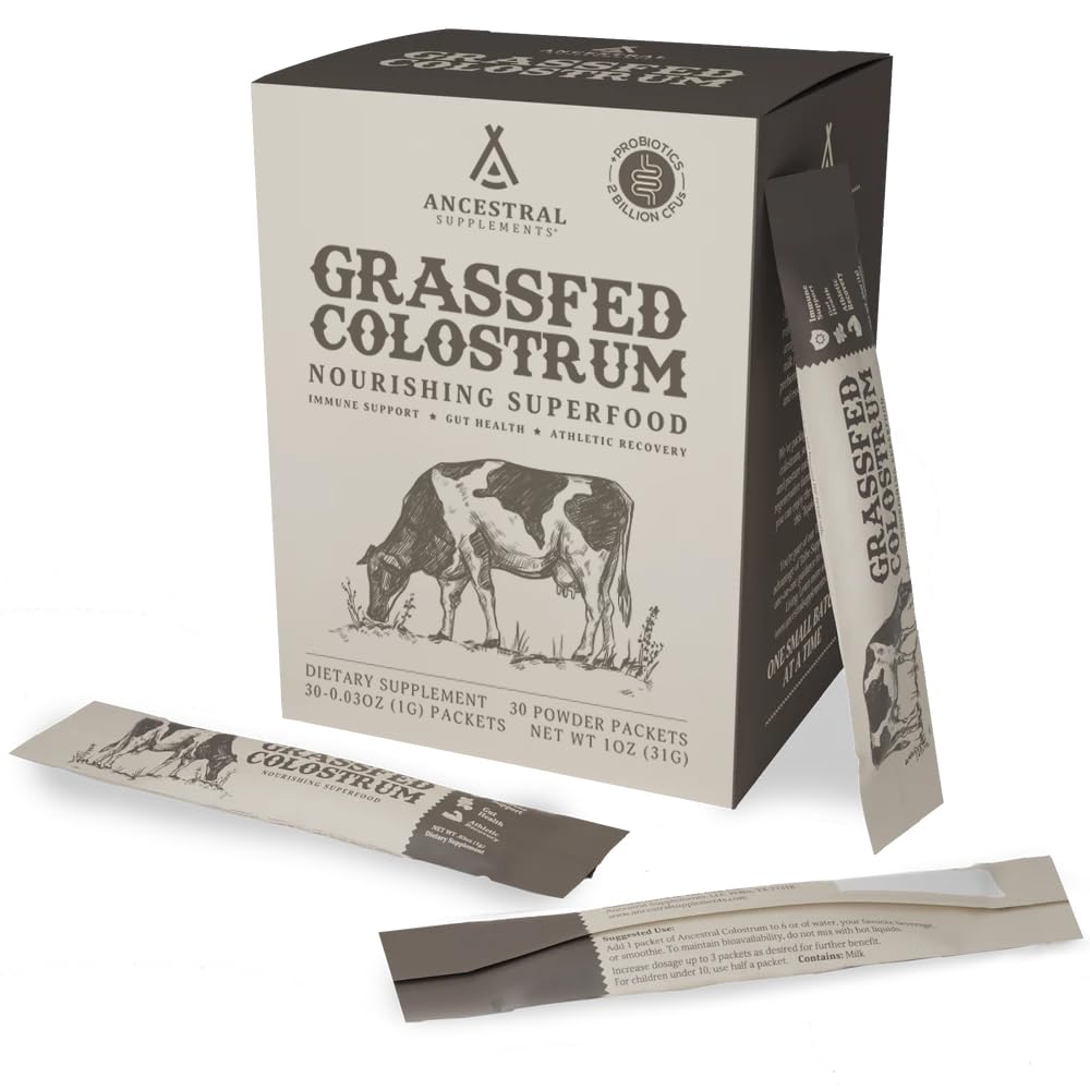 Ancestral Supplements grass-fed beef colostrum packets for on-the-go immune support.