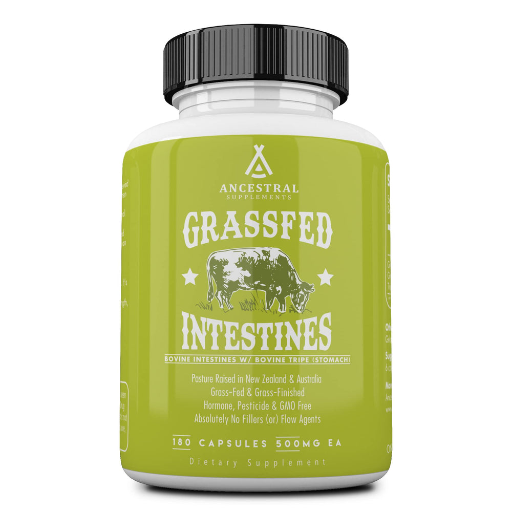Ancestral Supplements bottle of grass-fed beef intestines highlighting digestive wellness support.