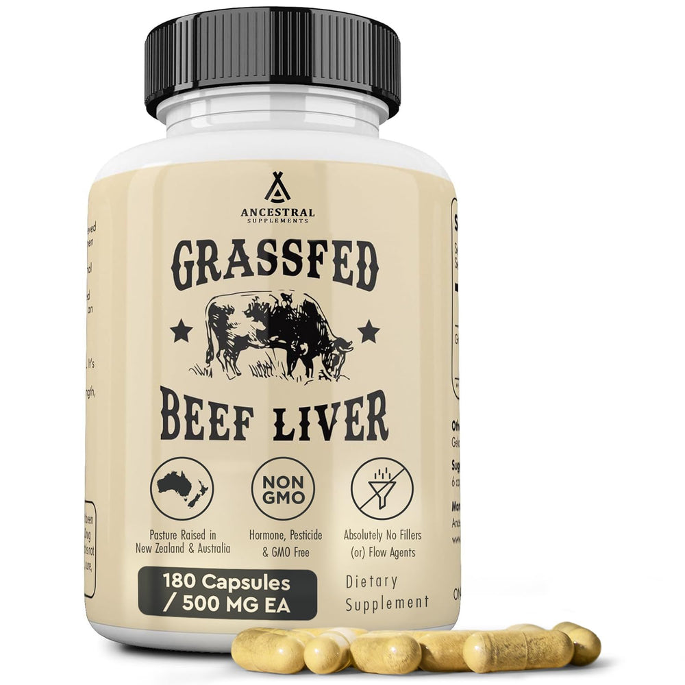 Ancestral Supplements grass-fed beef liver bottle on shelf, supporting energy and immune health.