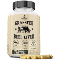 Ancestral Supplements grass-fed beef liver bottle on shelf, supporting energy and immune health.