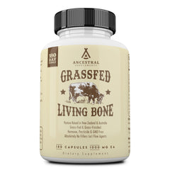Ancestral Supplements bone health bottle showing grass-fed beef living bone supplement.