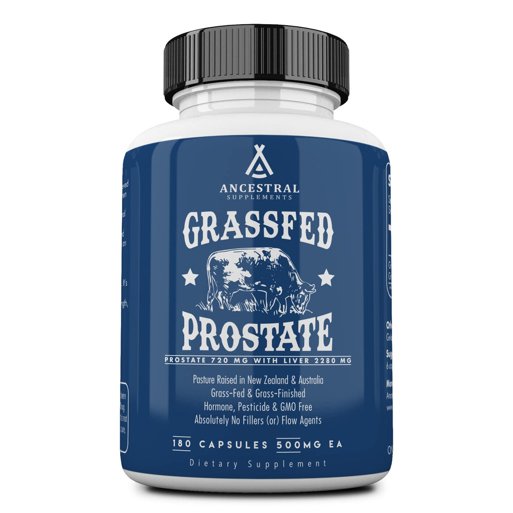 Ancestral Supplements grass-fed beef prostate bottle for daily support.