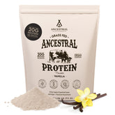 Ancestral Supplements Grass-Fed Protein Vanilla bottle highlights clean ingredients for daily protein.