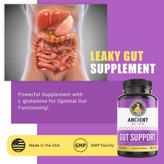 Ancient Bliss L-Glutamine capsules close-up highlighting vegan formula for digestion