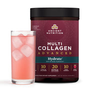 Ancient Nutrition Advanced Multi Collagen Hydrate front label signals mixed berry flavor and hydration-ready formula