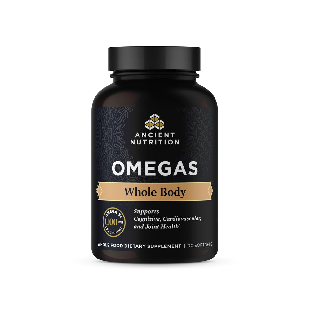 Ancient Nutrition Ancient Omegas Whole Body bottle with softgel capsules for daily omega support.