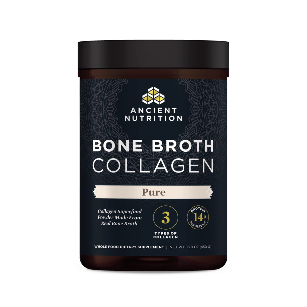 Ancient Nutrition bone broth collagen bottle shown for daily protein support