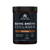 Ancient Nutrition bone broth collagen chocolate bottle front for skin and nails support potential.