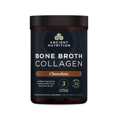 Ancient Nutrition bone broth collagen chocolate bottle front for skin and nails support potential.