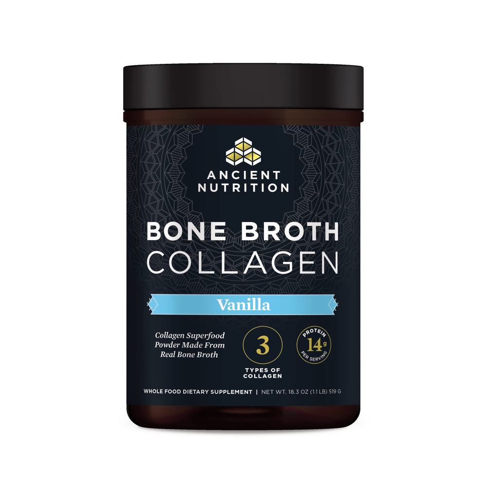 Ancient Nutrition Bone Broth Collagen Powder Vanilla 18oz blends into smoothies for a protein boost