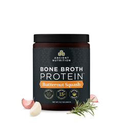 Ancient Nutrition bone broth protein powder butternut squash tub with 15g protein per serving