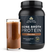 Ancient Nutrition chocolate bone broth protein tub showing rich flavor option