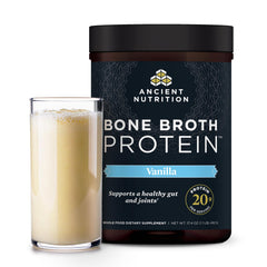 Ancient Nutrition bone broth protein powder bottle showing vanilla flavor and 20g protein per serving.