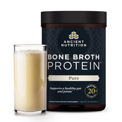 Ancient Nutrition bone broth protein powder bottle showing label and 20g protein per serving