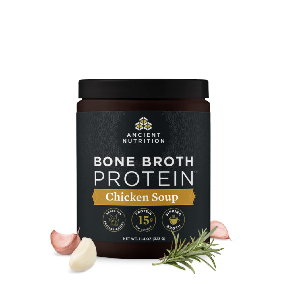 Ancient Nutrition bone broth protein powder tub front, protein-packed daily option for gut support.