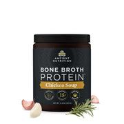 Ancient Nutrition bone broth protein powder tub front, protein-packed daily option for gut support.