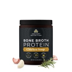 Ancient Nutrition bone broth protein powder tub front, protein-packed daily option for gut support.