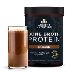 Ancient Nutrition bone broth protein powder tub close-up showing label